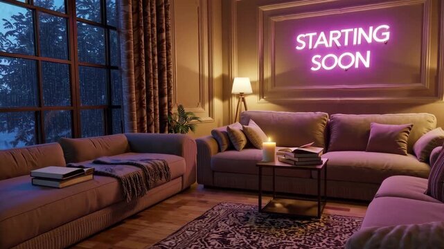 Cozy neon &ldquo;Starting Soon&rdquo; stream overlay with lo-fi living room and rainstorm atmosphere.