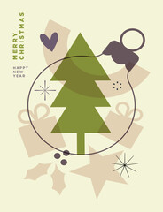 Festive Holiday Greeting Card with Christmas Tree and Decorative Ornaments