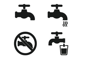 Black symbols for water faucets depicting running hot water and prohibition signs
