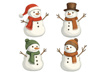Four cheerful snowmen characters wearing festive winter hats and colorful scarves