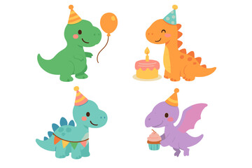 Adorable baby dinosaur characters wearing festive party hats celebrating a special occasion