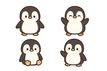 Adorable set of four baby penguins standing, sitting, and waving with happy expressions on a white background