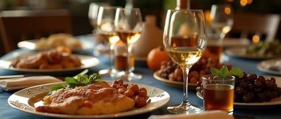 Elegant dining table with gourmet dishes and wine glasses, as soft candlelight flickers, while the camera gently pans across a cinematic, inviting ambiance perfect for culinary celebrations.