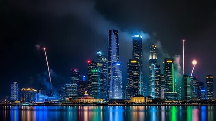 A view of fireworks in the vibrant city of Faro at night, with illuminated skyscrapers reflected in the water. - Powered by Adobe