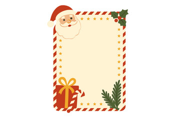 Festive Christmas frame with Santa Claus, wrapped gift, holly, and star pattern