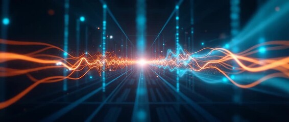 Futuristic digital hand gently moves through a glowing network of particles as the camera slowly pans, creating a cinematic scene perfect for technology, innovation, and AI concepts.