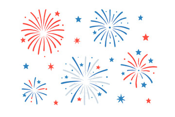 Festive red white and blue fireworks explosions and scattered stars on white