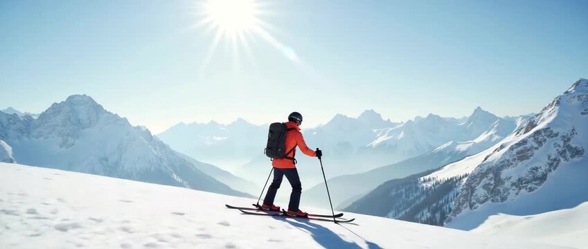Skier glides down a sunlit mountain slope, camera gently tracking, with distant snowy peaks in view; cinematic ambient motion enhances the serene alpine landscape.