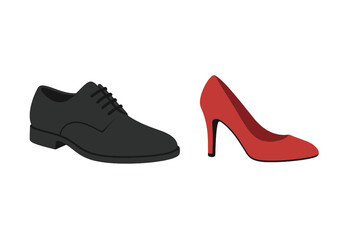 Contrast between a traditional black lace-up shoe and a stylish red high heel pump