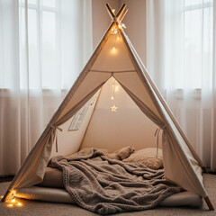 Cozy indoor tent with twinkling lights set up in a warm room  