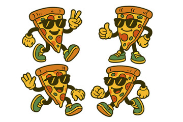 Vintage style happy pizza slice characters walking and running with cool sunglasses