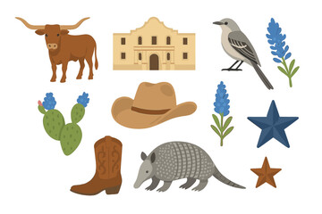 Iconic Texas symbols collection featuring longhorn, armadillo, bluebonnet, and Alamo landmark