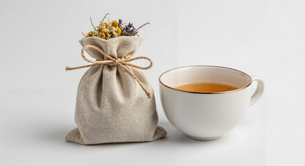 Small pouch of dried herbs placed beside a teacup on white background  