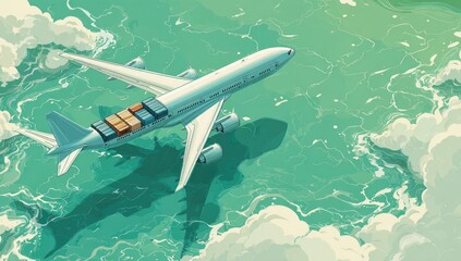 Fototapeta premium Cargo plane flies low over stylized turquoise ocean