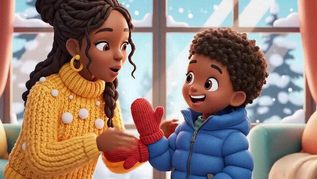 Mother helps her son put on mittens for winter fun.