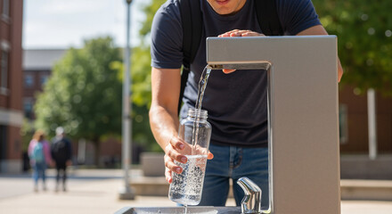 Student refilling a reusable water bottle at public drinking fountain  