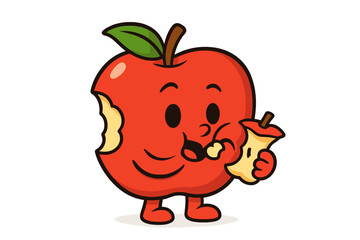 Cute smiling character with a bite taken out holding the remaining core