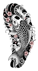 Japanese Koi Fish Tattoo with Waves and Cherry Blossoms &ndash; Bold Blackwork Design