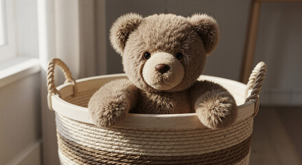Stuffed bear sitting inside a laundry basket in a cozy room  