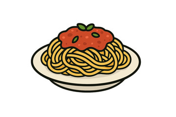 Spaghetti pasta on a plate with red tomato sauce and green basil leaves