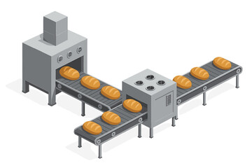 Fresh bread loaves moving along automated conveyor belts in an industrial bakery factory
