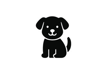 Cute sitting puppy dog black silhouette icon with happy face and wagging tail