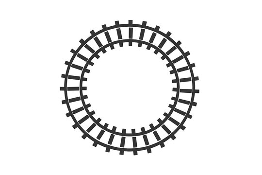 Simple black and white graphic of circular railway tracks forming a continuous loop