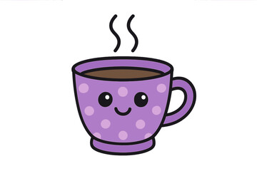 Adorable purple polka dot coffee mug character with rising steam and a cheerful smiling face expression