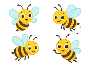 Four cute cartoon honey bees flying and smiling in various poses on white background