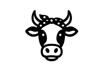 Stylized black and white cow head wearing a polka dot bandana, simple farm animal mascot design