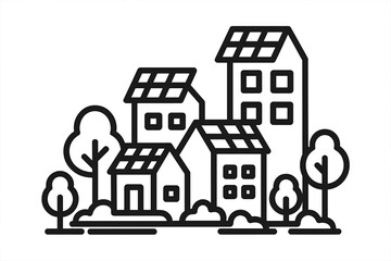 Diverse buildings equipped with solar panels surrounded by trees symbolizing renewable energy