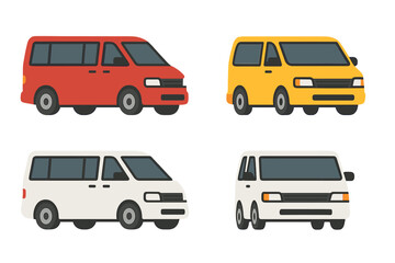 Colorful passenger vans and minibuses in various styles for transport and travel