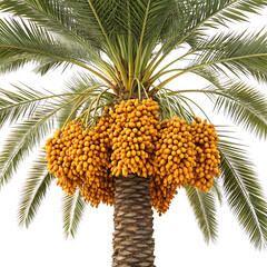 Tropical green palm tree with sweet pineapple fruit on a fresh white background and blue sky