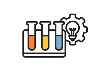 Scientific research and development concept with test tubes, chemical liquids, and innovation symbol
