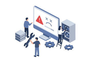 Team of technicians fixing a critical computer system error and performing hardware maintenance