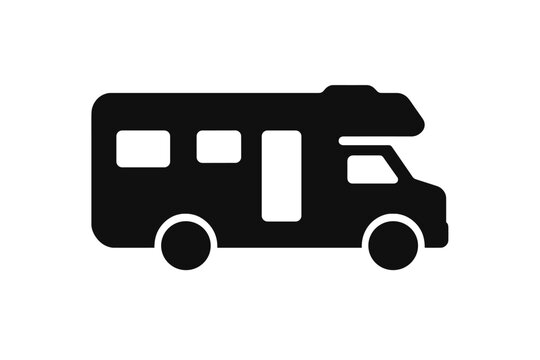 Simple black silhouette of a motorhome recreational vehicle used for travel and camping
