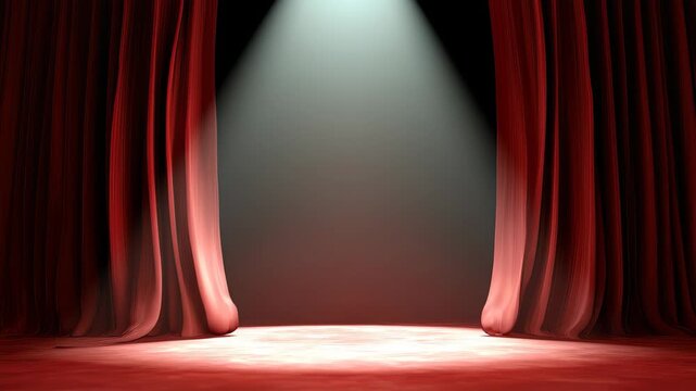 Red wavy curtain parting with spotlight illuminating the stage for a performance in a theater at night