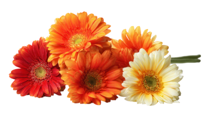 Assorted Gerbera Daisies in Red Orange and Yellow on Black isolated on a transparent background