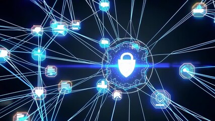 Animated digital network with security icons visualizing data flow and protection. - Powered by Adobe
