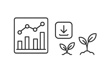 Set of line icons showing business growth chart, data download, and plant seedling