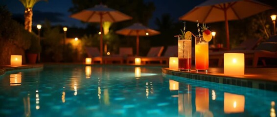 Tropical evening poolside ambiance with gentle ripples in the illuminated water, camera slowly panning across colorful cocktails and flickering candlelight; cinematic and serene. - Powered by Adobe
