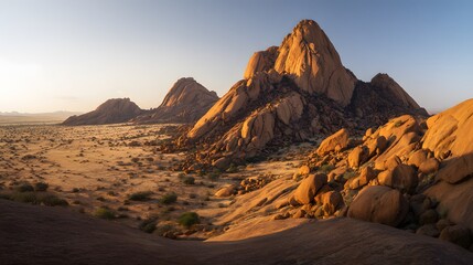 Namibian Spitzkoppe granite peaks rise dramatically from desert plains bathed in warm golden light