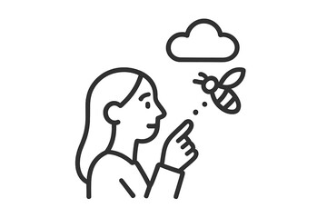 Woman pointing finger at a flying bee near a cloud icon symbolizing environmental protection and insect conservation