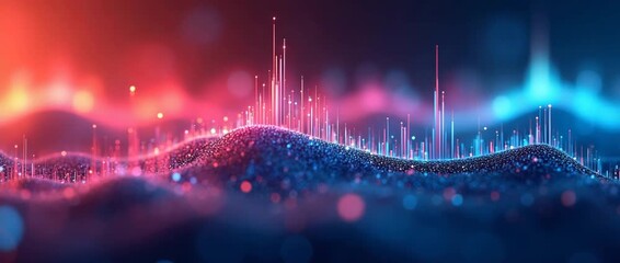 Abstract digital landscape pulses with vibrant energy as camera slowly pans across, revealing dynamic data waves in a futuristic, cinematic style; ideal for technology and innovation themes.