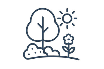 Sunny day in a park featuring a large tree, bushes, and a blooming flower