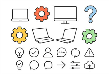 Outline interface icons for technology, business, settings, and communication concepts
