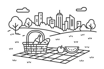 Minimalist black and white summer picnic scene overlooking a metropolitan city skyline