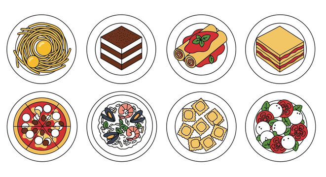 Delicious Italian food assortment, from pasta and pizza to dessert and salad.