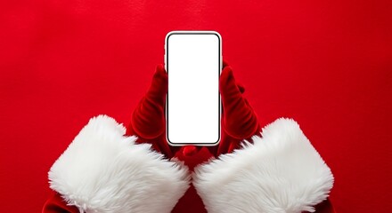 Santa claus hands holding a blank white screen smartphone on red background