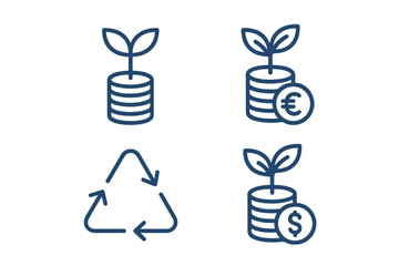 Financial growth and sustainable economy concepts illustrated by money stacks, plants, and recycling symbols